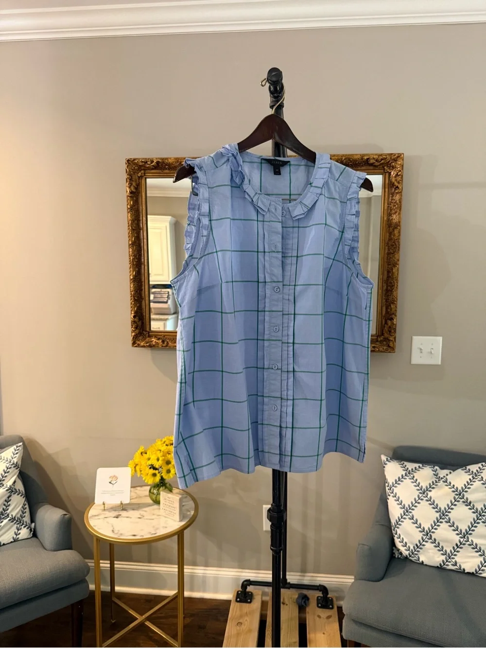 J. Crew Blue Windowpane Ruffle Sleeveless Button Front Top